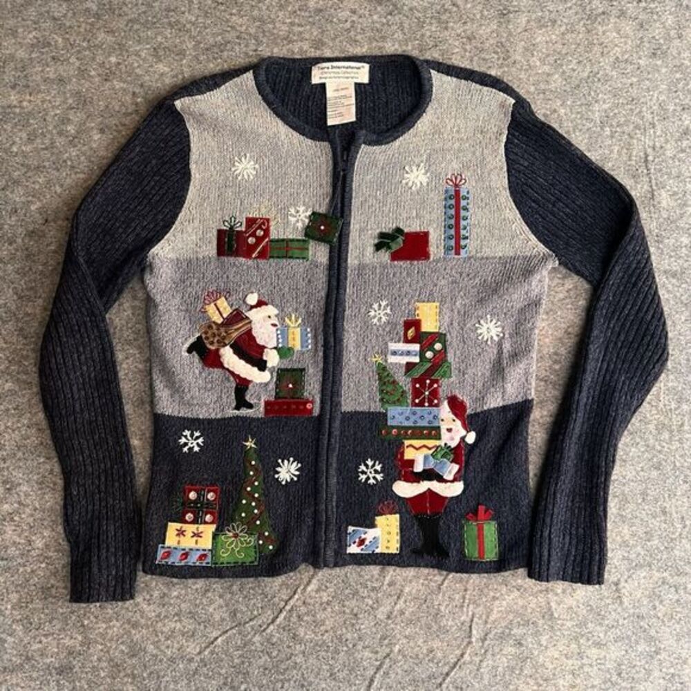 Tiara‎ International Sweater Women’s Large Ugly Christmas Blue Zip Beads Holiday